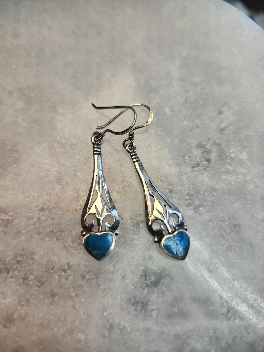 Sterling Silver Drop Earrings with Turqouise Heart Accent